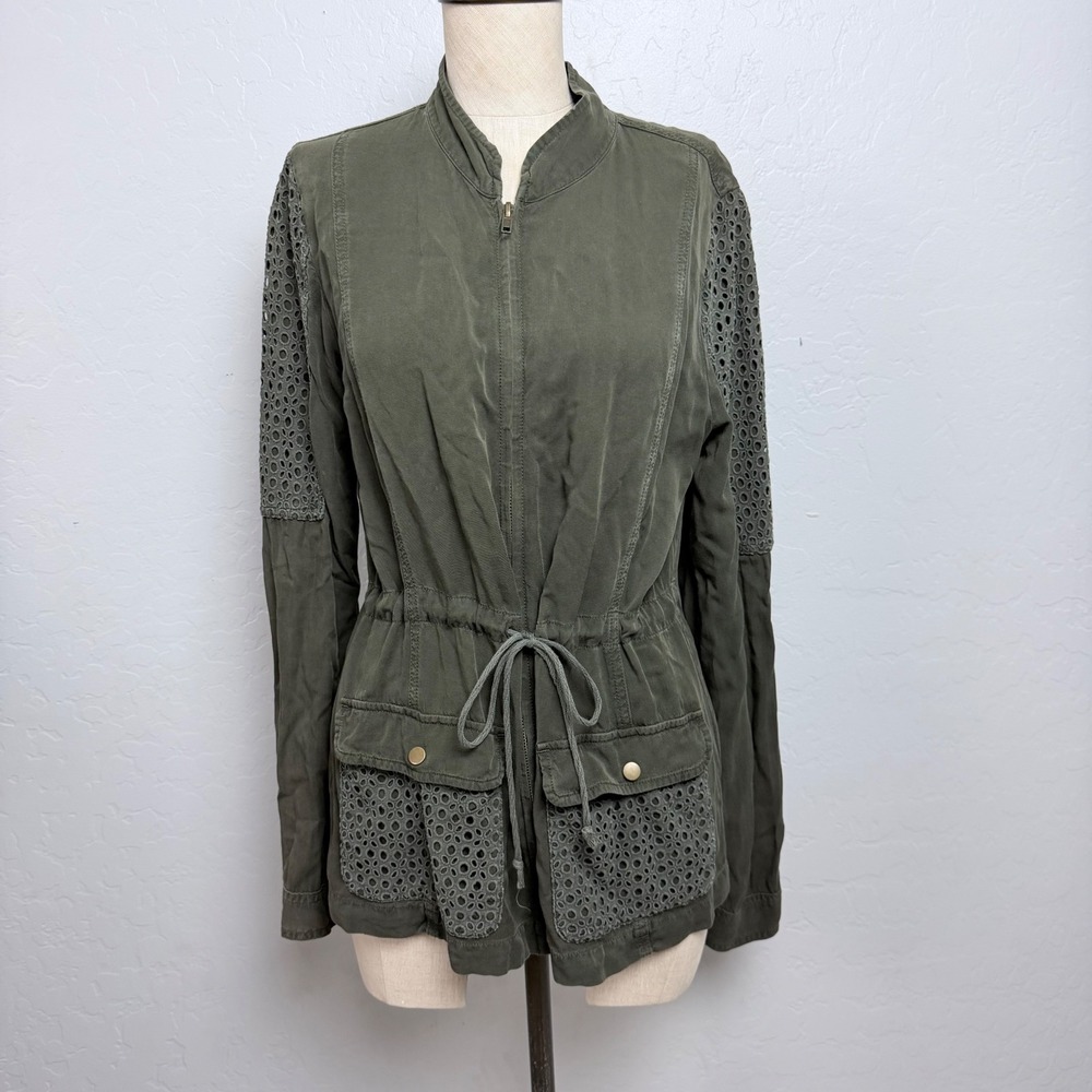 Others Follow Olive Green Eyelet Lace Utility Jacket Medium Drawstring Zip